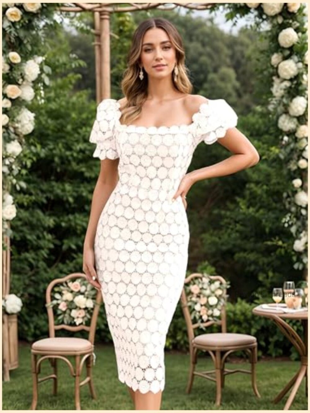 Romantic White Lace Midi Dress Bodycon Floral Sheer Wedding Guest Cocktail - Picture 2 of 7